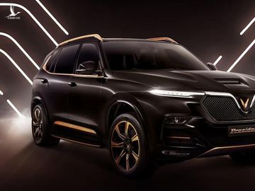 Mẫu SUV mới President với ngoại hình vuông vức, tông đen và điểm nhấn tương phản màu vàng đồng. Ảnh: VinFast.