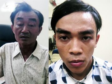 Nguyễn Khanh và con trai Nguyễn Tấn Thành lúc bị bắt, tháng 7/2018. Ảnh:Công an cung cấp.