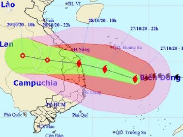 Hướng di chuyển của bão Molave theo bản tin dự báo lúc 11h ngày 27/10 của NCHMF. Ảnh: NCHMF.