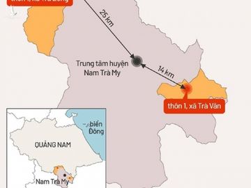 Xã Trà Leng và xã Trà Vân cách nhau 45 km; giao thông khó khăn, địa hình phức tạp, chủ yếu là gò đồi xen với ruộng bậc thang. Đồ hoạ:Tiến Thành.