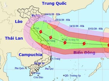 Dự kiến hướng đi và vùng ảnh hưởng của bão Vamco, cơn bão thứ 13 trong năm nay. Ảnh: NCHMF.