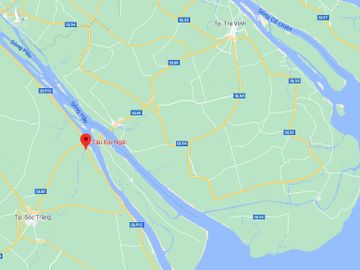 Vị trí cầu Đại Ngãi bắc qua sông Hậu nối Trà Vinh với Sóc Trăng. Ảnh: Google maps.