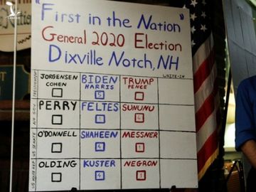 Kết quả bỏ phiếu tại Dixville Notch, ông Biden giành toàn bộ 5 phiếu. Ngoài bầu tổng thống thì người dân còn bỏ phiếu bầu thống đốc và nghị sĩ quốc hội /// Reuters