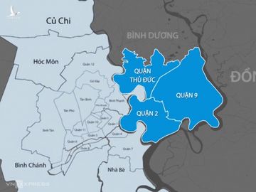 TP Thủ Đức (phần màu xanh dương) gồm các quận: 2, 9, Thủ Đức. Ảnh đồ họa: Thanh Huyền.