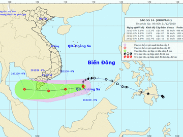Vị trí và đường đi của tâm bão số 14 /// Ảnh: Trung tâm Khí tượng thủy văn quốc gia