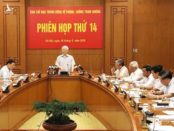 Tổng bí thư, Chủ tịch nước Nguyễn Phú Trọng chủ trì một phiên họp của Ban chỉ đạo Trung ương về phòng, chống tham nhũng, tháng 8/2018. Ảnh: TTX