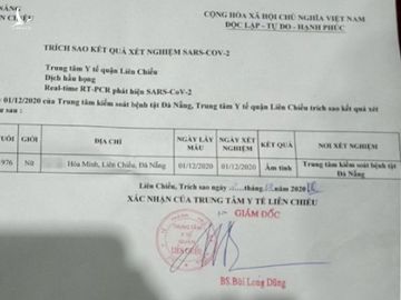 Bản gốc kết quả xét nghiệm âm tính với Covid-19 /// ẢNH: SỞ TT-TT ĐÀ NẮNG CUNG CẤP