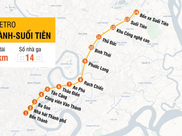 Lộ trình toàn tuyến Metro Số 1. Đồ họa: Tâm Linh.