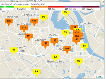 Chỉ số mức độ an toàn của không khí ở Hà Nội lúc 8h50 sáng 8/12. Ảnh: Cổng thông tin quan trắc môi trường Thủ đô
