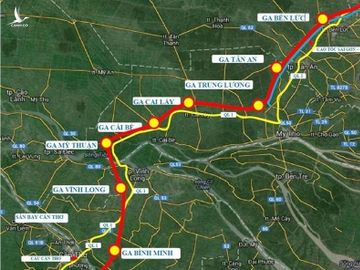 Sơ đồ hướng tuyến đường sắt cao tốc TPHCM - Cần Thơ (màu đỏ) dài trên 173 km. Ảnh: Viện Khoa học công nghệ Phương Nam