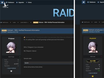 Liên tiếp trong 1 ngày, 2 vụ rao bán thông tin người dùng Việt Nam trên Raidforums bị phát hiện