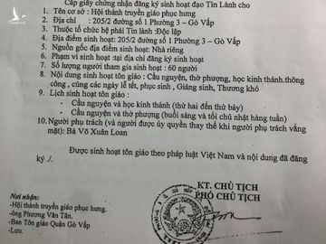 Giấy đăng ký hoạt động của Hội thánh truyền giáo Phục Hưng.