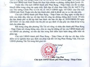Thư xin lỗi của Chủ tịch UBND TP.Phan Rang - Tháp Chàm /// Ảnh: Thiện Nhân