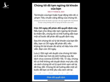 Thông báo của Facebook đưa ra đối với các tài khoản vi phạm tiêu chuẩn cộng đồng /// Ảnh chụp màn hình