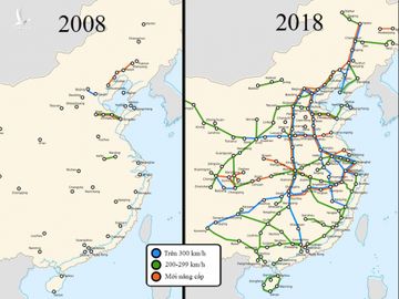 Mạng lưới đường sắt cao tốc Trung Quốc năm 2008 và 2018. Ảnh: Wikipedia.