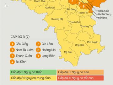 Bảng phân loại cấp độ dịch tại các quận, huyện ở Hà Nội, ngày 14/1. Đồ họa: Tiến Thành