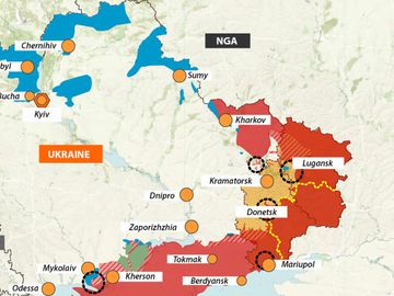 Cục diện chiến trường Ukraine sau 8 tuần giao tranh. Đồ họa: Al Jazeera. Bấm vào bản đồ để xem chi tiết.