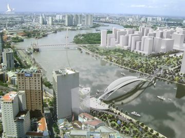 Cầu đi bộ qua sông Sài Gòn dài hơn 500 m, thiết kế vòm thép hình lá dừa nước, bố trí thác nước tuần hoàn, chiếu sáng mỹ thuật… kỳ vọng thành biểu tượng mới ở TP HCM.