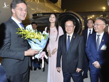 Bộ trưởng Khoa học và Công nghệ Huỳnh Thành Đạt, Đại sứ Việt Nam tại Hà Lan Ngô Hướng Nam đón Thủ tướng Hà Lan Mark Rutte (trái) tại sân bay Nội Bài tối 1/11.