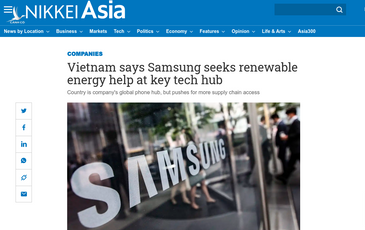 Nikkei: Tập đoàn điện tử hàng đầu Hàn Quốc yêu cầu đề nghị được mua điện mặt trời, điện gió chất lượng cao từ Việt Nam
