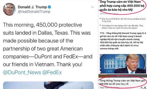 Thực hư thông tin “Tổng thống Trump cảm ơn Việt Nam viện trợ đồ bảo hộ cho Mỹ” 