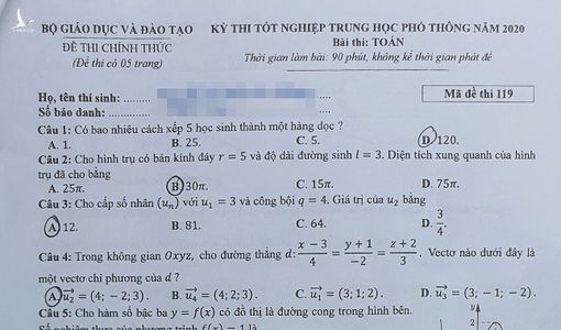 Đáp án môn Toán mã đề 119, 120, 121