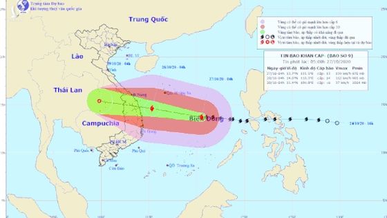 Bão số 9 sáng 27-10: Gió giật cấp 15, sáng mai giật lên cấp 17